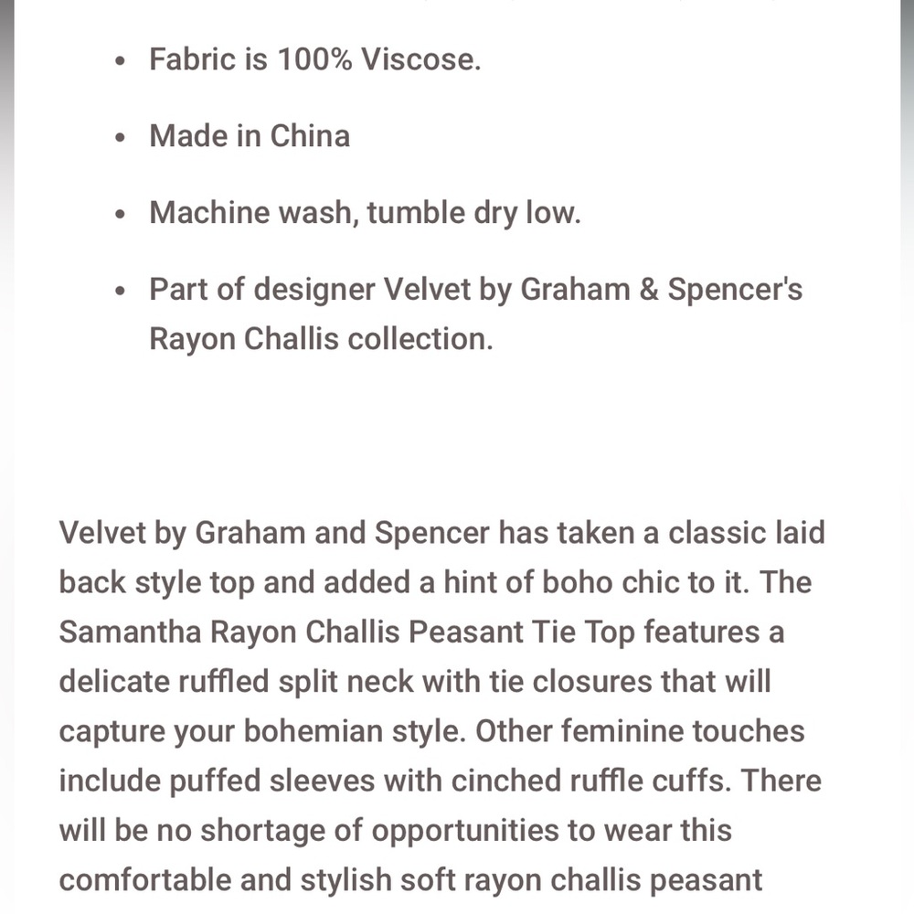 Velvet Samantha Rayon Challis Peasant Top by GRAHAM & SPENCER EUC - Picture 6 of 6